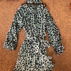 Leopard print bathrobe.